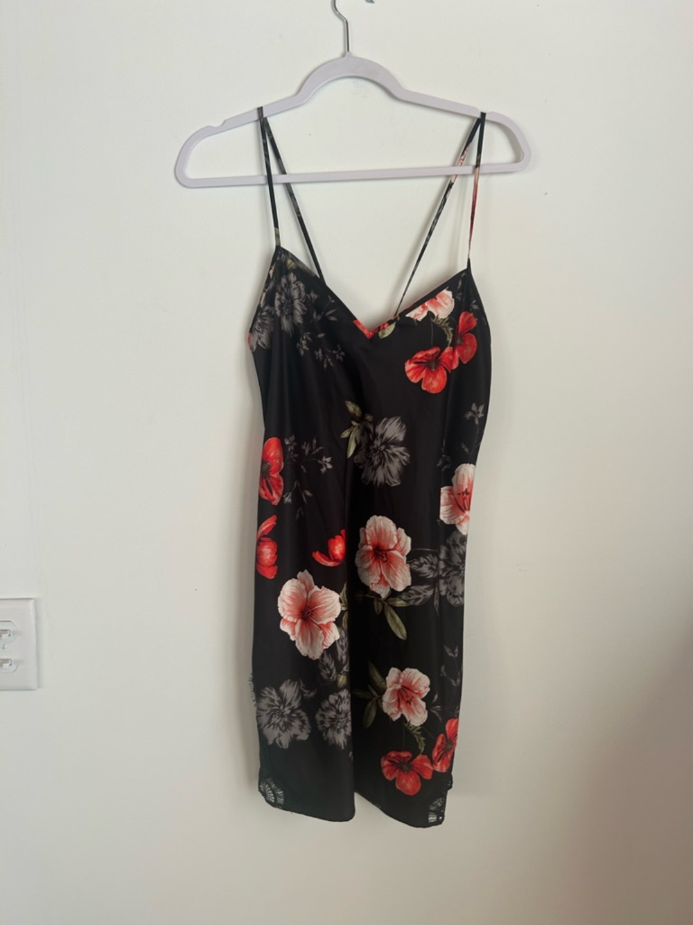 Floral Satin Slip - Black with Red & Cream Flowers